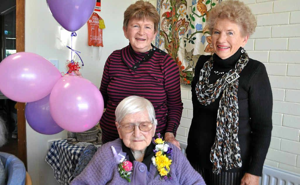 Caroline Nicholls celebrates her 104th birthday with her two daughters, Norma Wenham and Eve-Ann Springate, and her friends at Akooramak. Caroline Nicholls celebrates her 104th birthday with her two daughters, Norma Wenham and Eve-Ann Springate, and her friends at Akooramak.